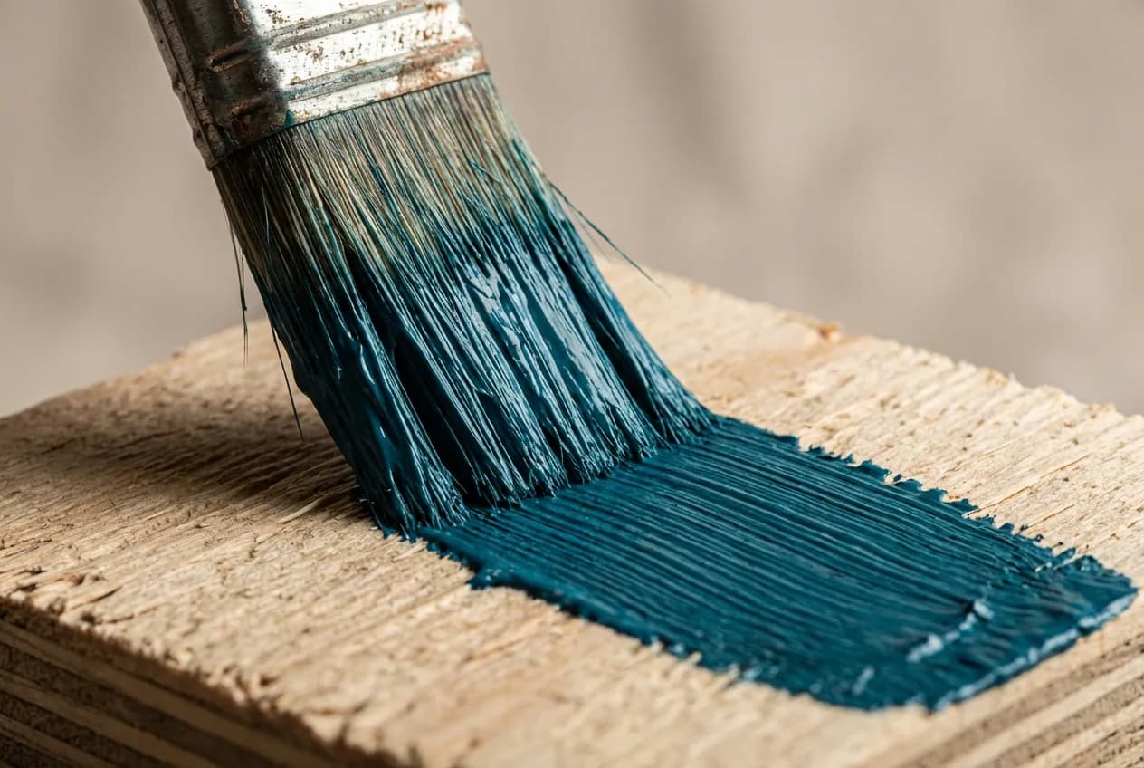 Peinture pour meuble contreplaqué : Guide Rénovation & Choix Gros plan pinceau appliquant peinture bleue sur surface contreplaqué.
