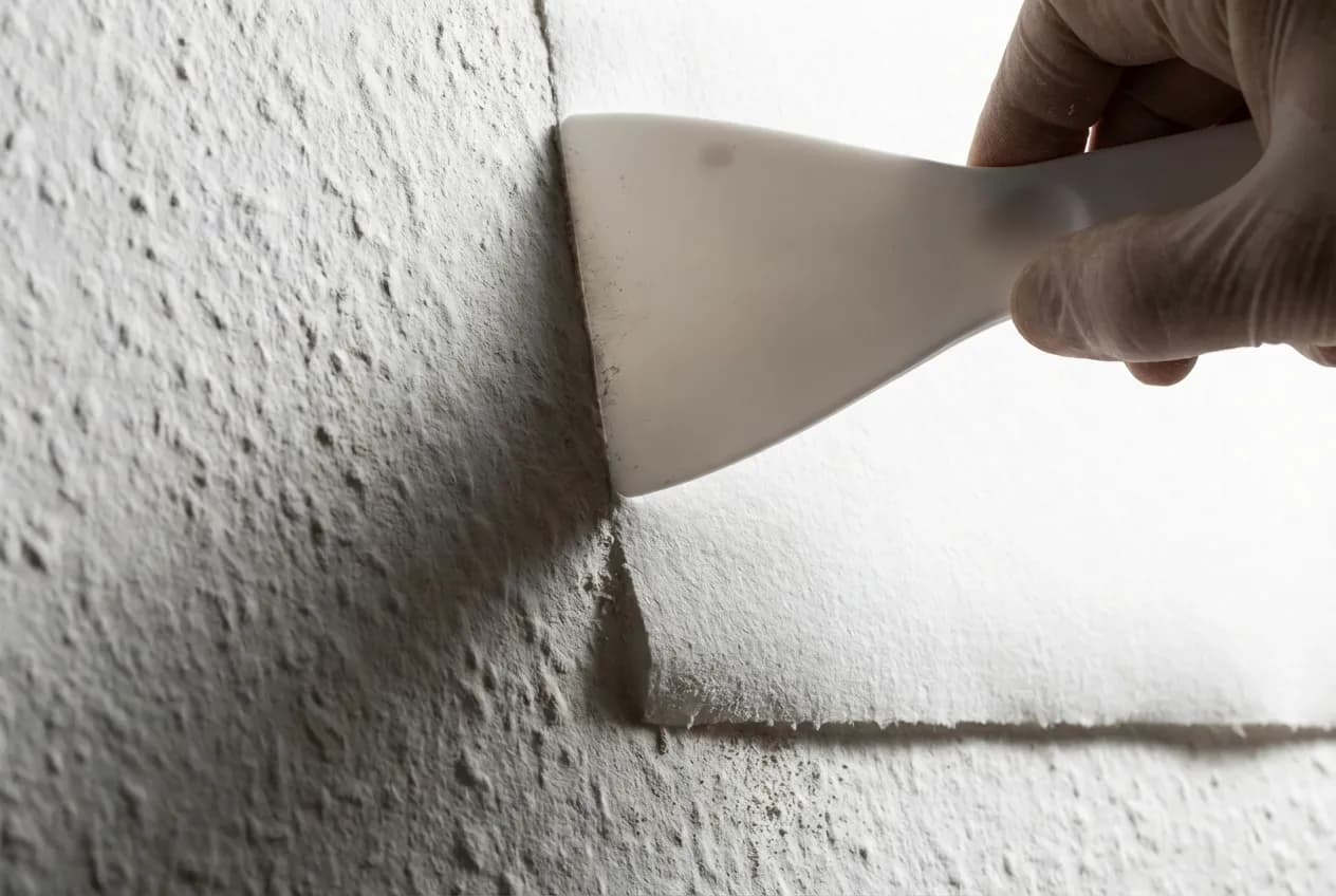 Quel papier peint pour recouvrir crépi ? Guide Rénovation Gros plan sur le marouflage d'un papier de rénovation sur un mur en relief