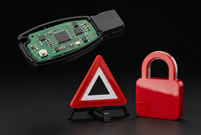 Antivol électronique défaillant : que faire ? - Message antivol défaillant : 5 solutions pour démarrer - Clé non reconnue et antivol défaillant : comment faire ? Gros plan sur une clé de voiture ouverte à côté d'un triangle de signalisation miniature