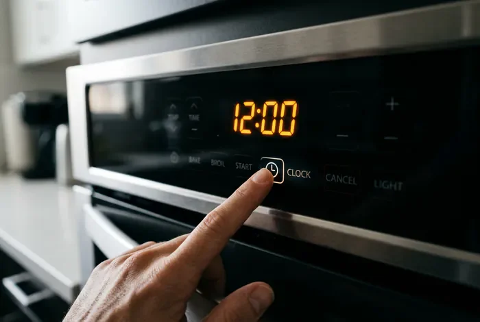 Changer heure four Whirlpool : Tuto facile - Régler l'heure d'un four Whirlpool en 2 min ! - Four Whirlpool clignote ? La solution rapide Gros plan sur l'écran digital d'un four Whirlpool affichant 12:00 en train de clignoter