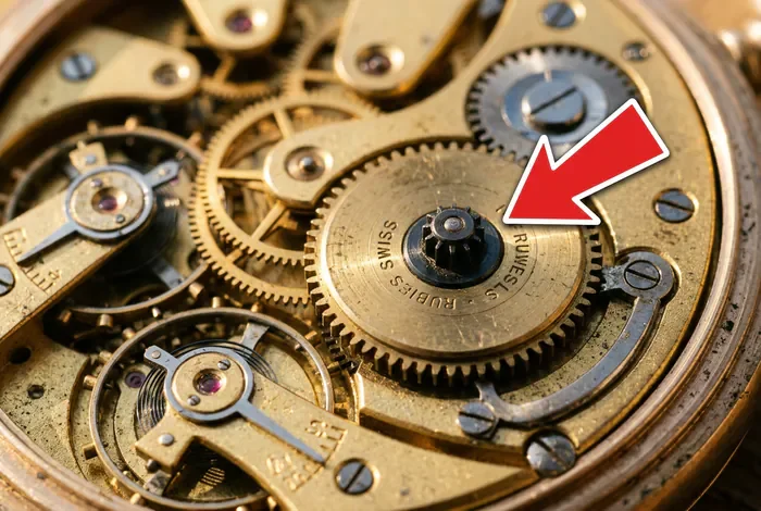 Débloquer une Horloge Trop Remontée : Tuto - Horloge Bloquée : 4 Étapes pour la Réparer ! - Comment Débloquer une Horloge Trop Remontée ? Gros plan sur le barillet d'un mécanisme d'horloge ancienne avec flèche indicatrice