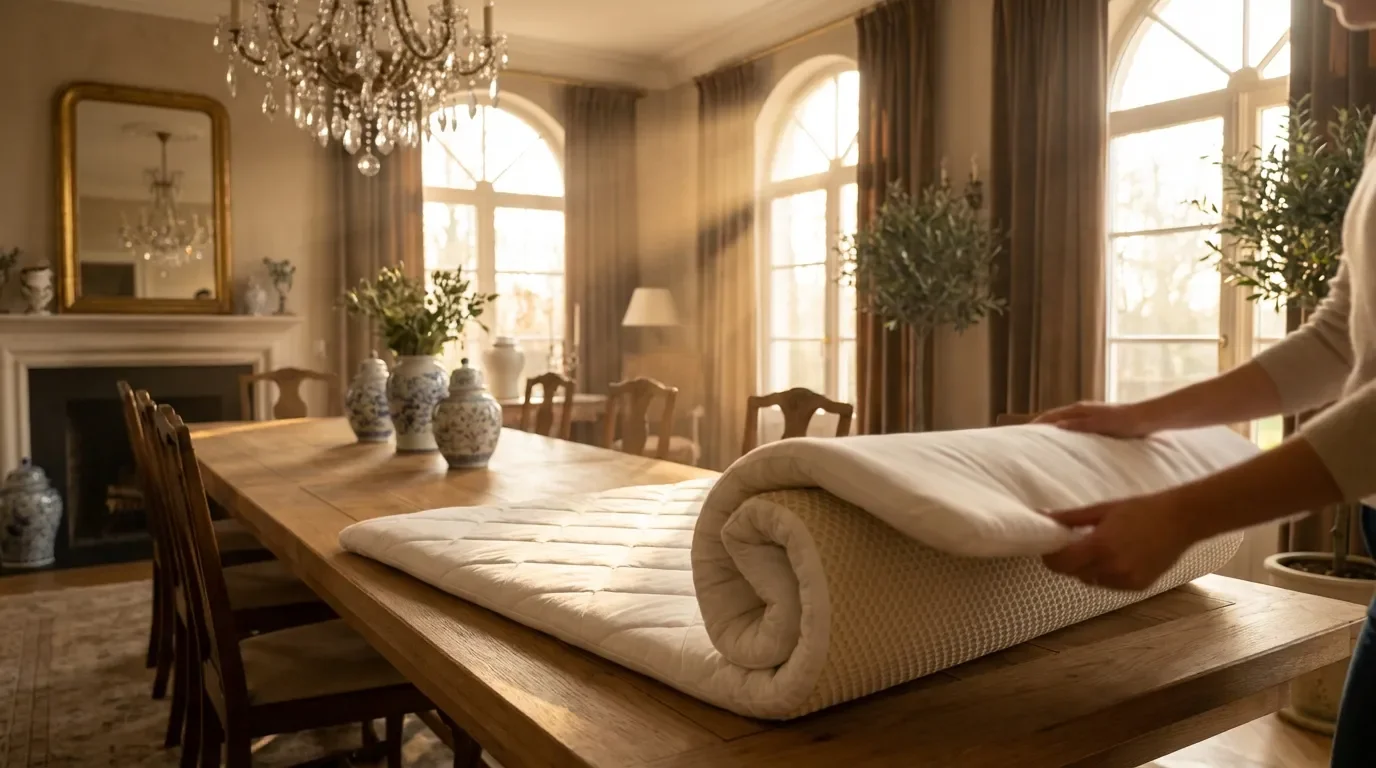 Installation protection table salle à manger Installation d'un bulgomme blanc sur une table en chêne massif dans une salle à manger lumineuse