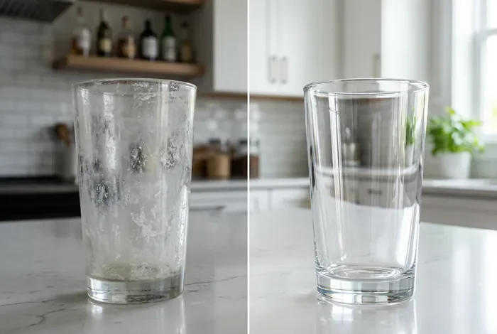 Vaisselle rugueuse lave-vaisselle : les solutions - Vaisselle granuleuse ? 4 astuces pour la sauver ! - Pourquoi votre vaisselle est rugueuse ? Nos conseils Comparaison entre un verre terne avec dépôt blanc et un verre totalement transparent