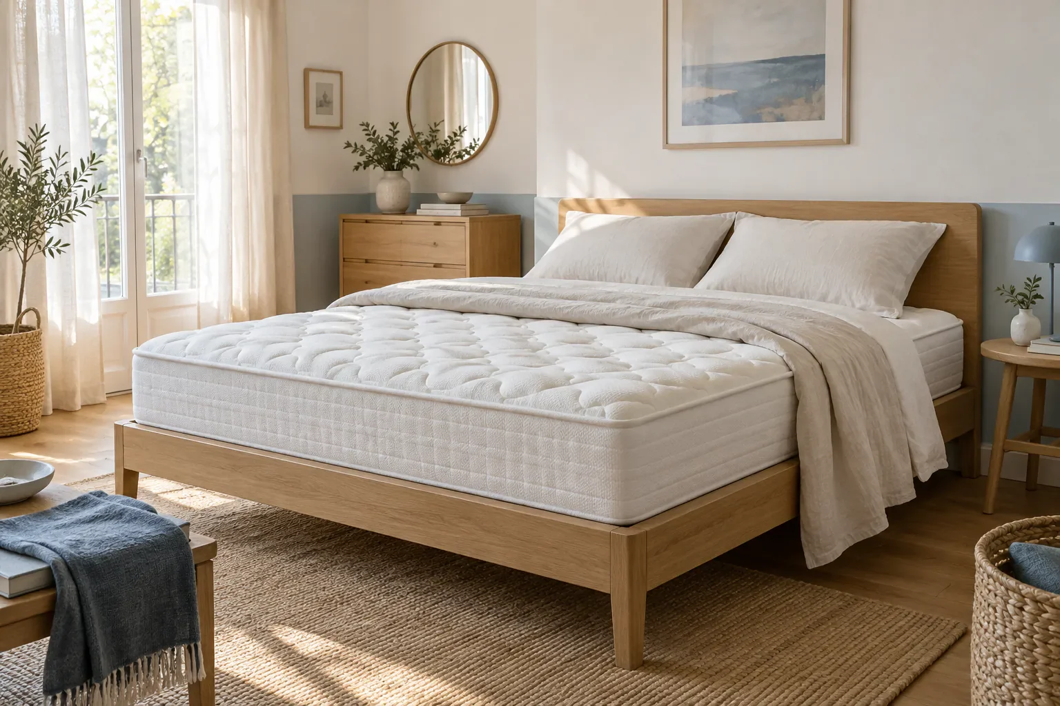 Matelas en mousse : les critères pour bien choisir Matelas blanc dans une chambre lumineuse au mobilier en bois clair