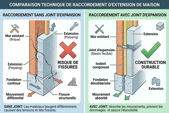 Chaînage extension 3 murs : Réussir son ferraillage - Chaînage 3 Murs : Le Guide Ultime Anti-Fissures ! - Comment réussir le chaînage d'une extension 3 murs ? Schéma comparatif avant-après montrant le joint de dilatation pour extension de maison