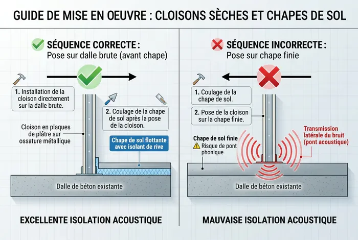 Chape avant ou après placo ? La règle d'or - Placo ou Chape en Premier ? L'Erreur à Éviter ! - Faut-il Poser le Placo Avant la Chape ? Avis Pro Schéma comparatif avec symbole vert et rouge montrant l'ordre d'exécution entre placo et chape pour l'isolation acoustique
