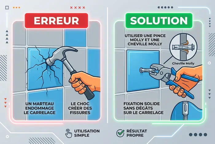 Cheville pour carrelage et placo : le guide - Fixez dans du carrelage et placo sans casser - Quelle cheville pour carrelage et placo ? Infographie comparative montrant l'erreur du choc avec marteau contre la solution d'utilisation d'une cheville Molly sur carrelage.