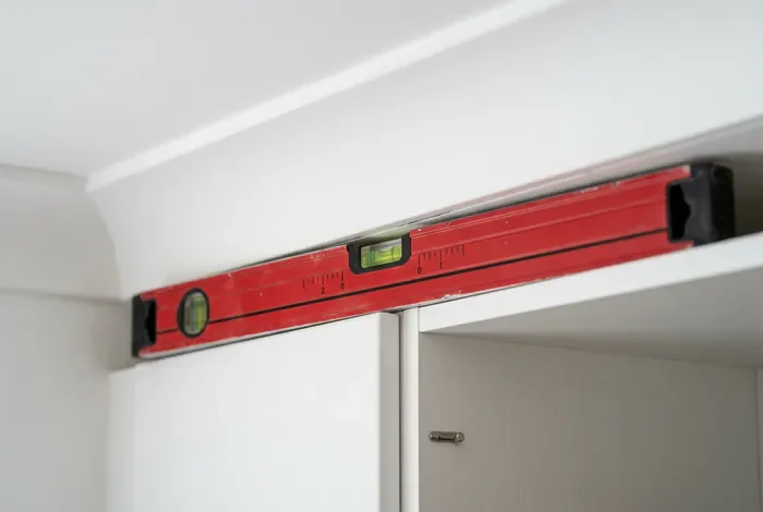 Poser un meuble colonne si la hauteur est juste - Plafond bas : 5 étapes pour poser votre colonne - Comment monter une colonne sous un plafond bas ? Gros plan niveau a bulle ajustant l espace meuble colonne plafond