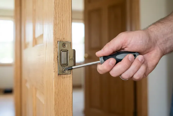 Désactiver un aimant de porte : guide complet - 7 astuces pour désactiver un aimant de porte - Comment désactiver un aimant de porte coincé ? Main utilisant un tournevis cruciforme pour démonter la partie métallique d'un aimant de porte en bois.