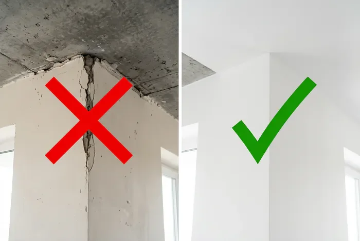 Joint entre placo et mur béton : méthode pro - Joint placo/béton : 4 étapes anti-fissure - Comment réussir un joint placo/mur béton ? Comparaison avant après entre un joint placo béton fissuré et un joint parfaitement réparé