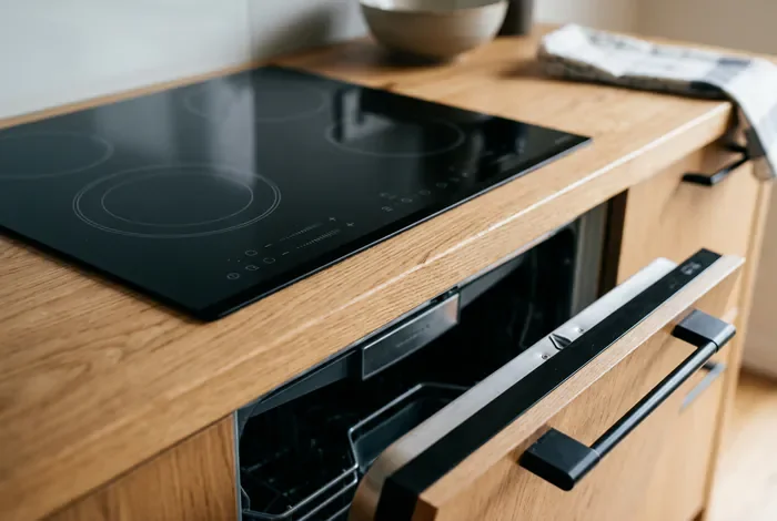 Lave-vaisselle sous plaque de cuisson : normes 2026 - 4 règles pour poser un lave-vaisselle sous une plaque ! - Peut-on mettre un lave-vaisselle sous une plaque ? Gros plan sur une plaque à induction avec lave-vaisselle entrouvert en dessous