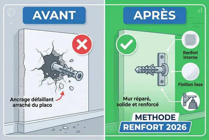 Meuble haut cuisine placo arraché : comment réparer ? - Placo arraché : 5 étapes pour sauver votre meuble ! - Meuble de cuisine tombé du placo : comment le refixer ? Infographie avant après pour la réparation et le renforcement d un mur en placo