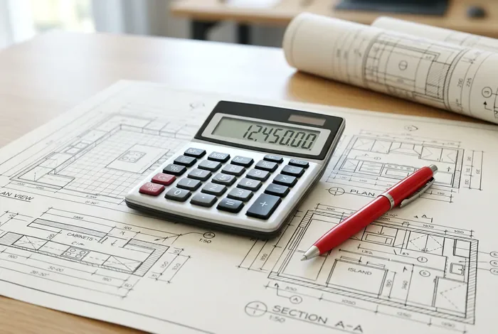 Négocier sa cuisine Socoo'c : 5 conseils d'expert - Économisez jusqu'à 15% sur votre devis Socoo'c ! - Peut-on négocier chez Socoo'c ? La méthode 2026 Calculatrice et stylo rouge sur un plan de cuisine 3D pour estimer le budget