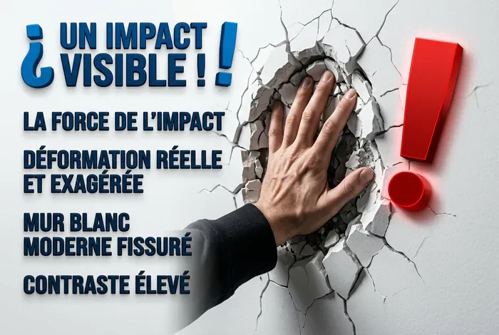 Placo qui bouge quand on appuie dessus : 4 solutions - Placo qui s'enfonce ? 4 astuces pour le fixer vite ! - Mur placo instable ? Diagnostic et solutions simples Infographie d'avertissement montrant une main appuyant sur un mur déformé avec la mention Danger ?
