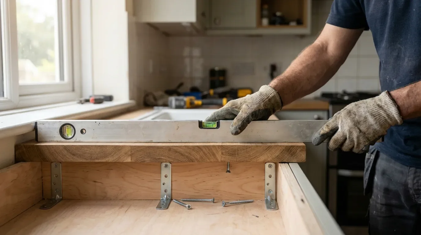 Fixation et mise à niveau du plan de travail Bricoleur vérifiant le niveau du plan de travail au-dessus du lave-vaisselle lors de l'installation