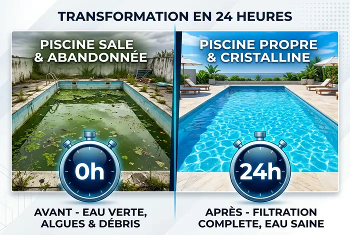 Blackal Shock : Combien de Temps d'Action ? - Blackal Shock : Eau Claire en 24h ! - Blackal Shock : combien de temps avant de se baigner ? Infographie avant-après traitement d'une piscine verte en 24h