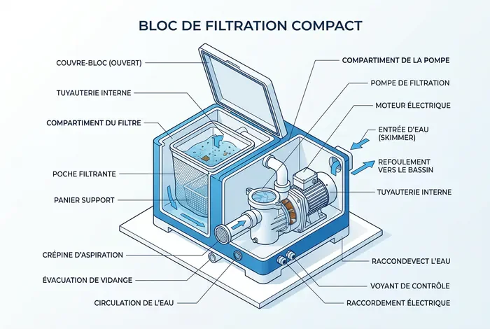 Bloc filtration Desjoyaux F25/50 : Guide & Entretien - Bloc Desjoyaux F25/50 : Le Guide Ultime d'Entretien - Panne Bloc Desjoyaux F25/50 ? Solutions et Entretien Schéma technique d'un bloc de filtration compact de piscine ouvert