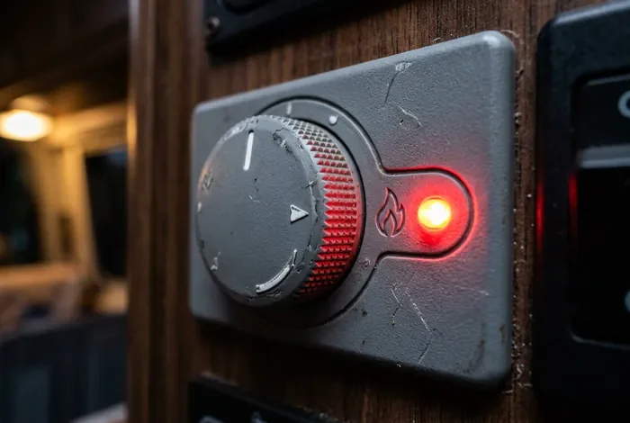 Chauffe-eau Truma voyant rouge : solutions - Voyant rouge Truma : le guide ultime 2026 ! - Truma bloqué au rouge ? Réinitialisez-le vite Gros plan sur la molette grise d'un thermostat Truma avec voyant LED rouge allumé