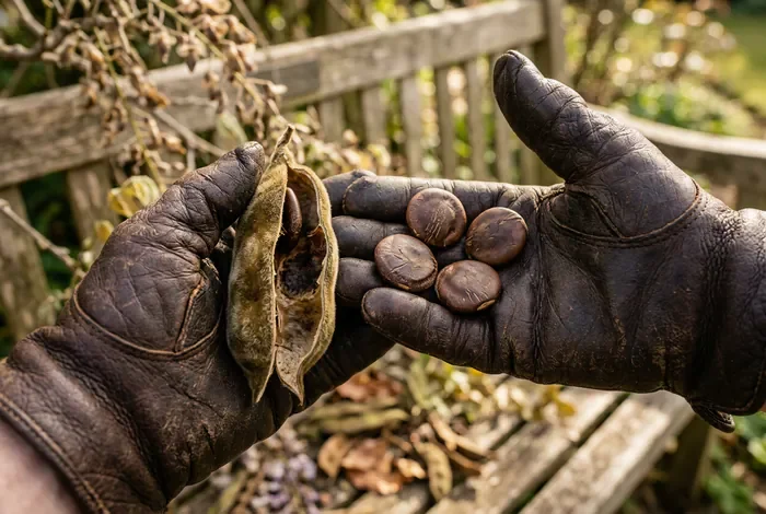 Comment récupérer des graines de glycine ? - Récolter des Graines de Glycine : Guide en 4 Étapes - Comment récolter des graines de glycine sans danger ? Graines de glycine plates et marron tenues dans des mains gantées