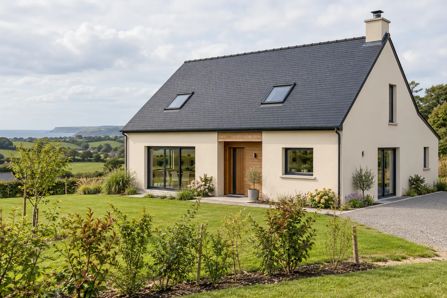 Constructeur de maison dans la Manche : 7 points à vérifier Maison individuelle aux façades claires et au toit en ardoise dans un paysage normand