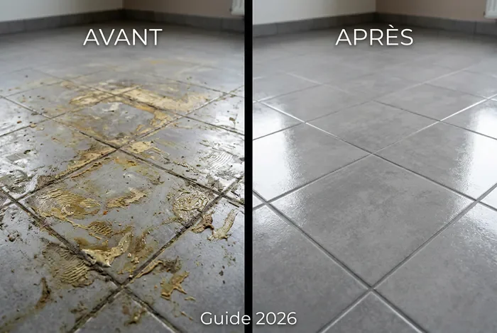Enlever colle sur carrelage : 4 méthodes efficaces - Décollez TOUTE la colle du carrelage sans le rayer ! - Comment enlever la colle sur du carrelage facilement ? Avant et après le nettoyage de la colle de lino sur un carrelage