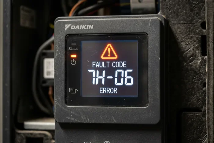 Erreur 7H-06 Daikin : Comment la Réparer Soi-Même ? - Résoudre l'Erreur 7H-06 Daikin en 4 Étapes Simples - Erreur 7H-06 Daikin ? Le Guide Rapide Pour Repartir Gros plan sur l ecran de controle Daikin affichant le code d alerte 7H-06 avec voyant lumineux