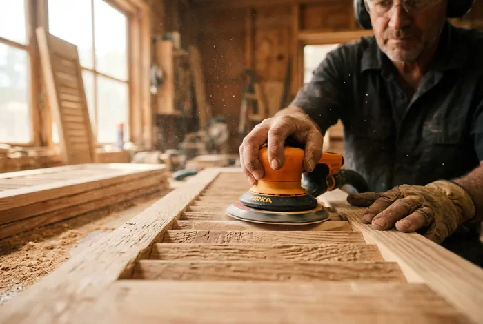 Prix rénovation volet bois : tarifs 2026 - Rénover ses volets bois : le vrai prix ! - Quel est le prix pour rénover un volet bois ? Artisan en train de poncer les lames d'une persienne en bois brut