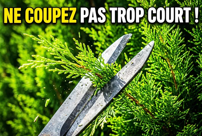 Rabattre une haie de cyprès de Leyland : guide complet - Comment rabattre vos cyprès sans les tuer (Guide 2026) - Cyprès de Leyland trop haut ? Réduisez sa haie sans risque Miniature montrant la coupe nette de branches de cyprès avec le conseil Ne coupez pas trop court