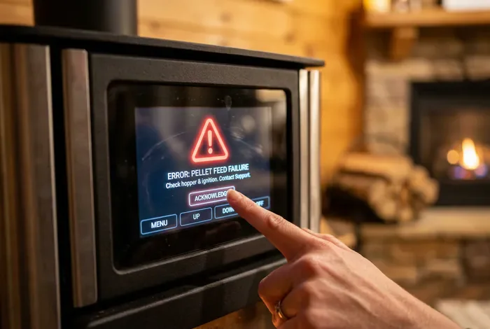 Rika Como Problème : 6 Solutions Rapides de Dépannage - Poêle Rika Como en Panne ? 6 Astuces Faciles et Gratuites - Rika Como Bloqué ? Comment Dépanner votre Poêle soi-même Écran tactile de poêle à granulés Rika affichant un code erreur