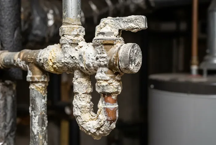Siphon chauffe-eau déborde : 4 solutions simples - Siphon qui déborde ? Stoppez la fuite rapidement ! - Pourquoi votre siphon déborde et comment le fixer ? Gros plan macro sur un groupe de sécurité de chauffe-eau entartré