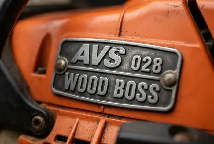 Stihl 028 AVS Wood Boss : Fiche Technique - Stihl 028 Wood Boss : Guide & Réglages Usine - Comment Régler une Stihl 028 AVS ? Fiche Gros plan sur le logo Wood Boss et la plaque 028 AVS sur le capot orange Stihl