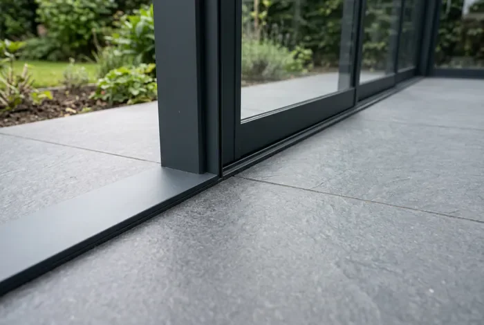 Véranda sur terrasse sans fondation : le guide - Véranda sans fondation : 3 règles pour réussir - Peut-on poser une véranda sans fondation ? Gros plan sur la jonction entre le bas de la véranda en aluminium et le carrelage de la terrasse