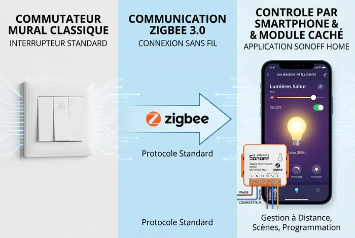 ZBMINIL2 Va et Vient : Schéma & Branchement Sans Neutre - Câbler un ZBMINIL2 en Va et Vient Facilement (Sans Neutre) - Comment Brancher le ZBMINIL2 en Va-et-Vient ? Le Guide Infographie comparative entre interrupteur classique et domotique Zigbee avec Sonoff ZBMINIL2